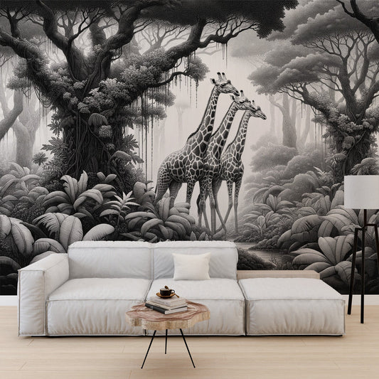 Black and white jungle wallpaper | Three giraffes