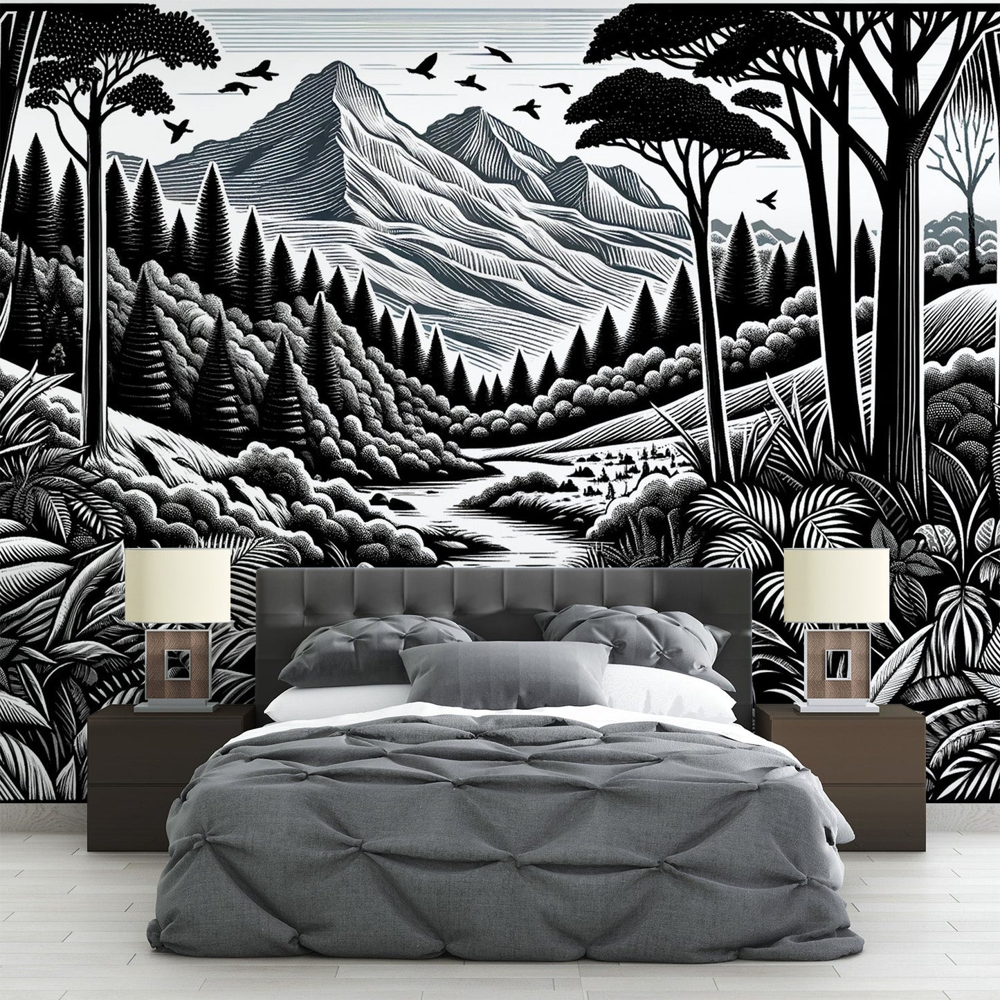 Black and white jungle wallpaper | Vegetation and mountainous relief