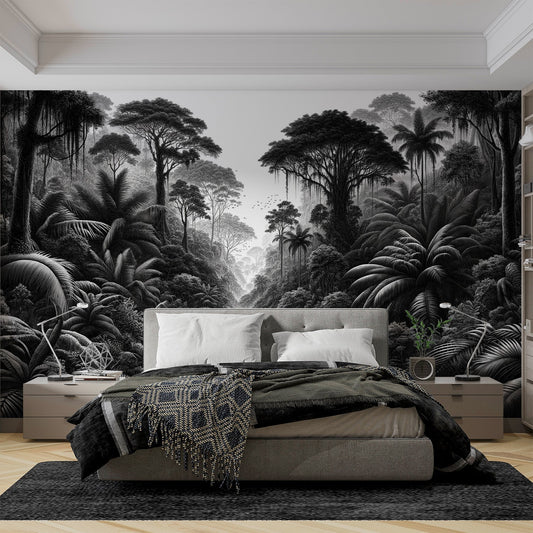 Black and white jungle wallpaper | Lush vegetation with birds