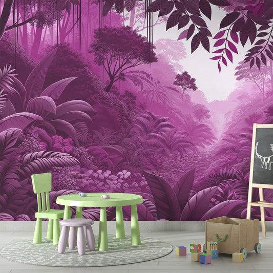 Pink jungle wallpaper | Large trees and foliage