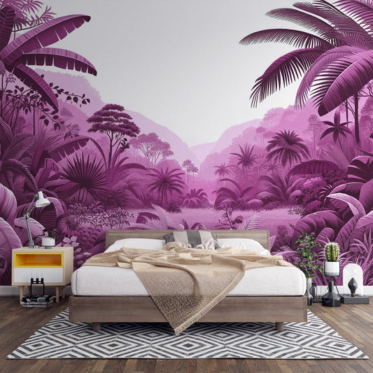 Pink Jungle Wallpaper | Palm Trees, Foliage and Mountains