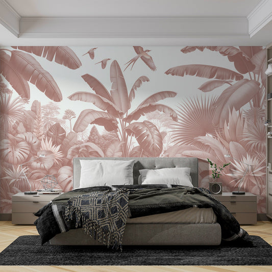 Terracotta jungle wallpaper | Terracotta banana trees and birds