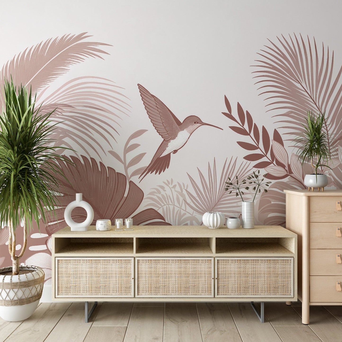 Terracotta jungle wallpaper | Vintage hummingbird and foliage