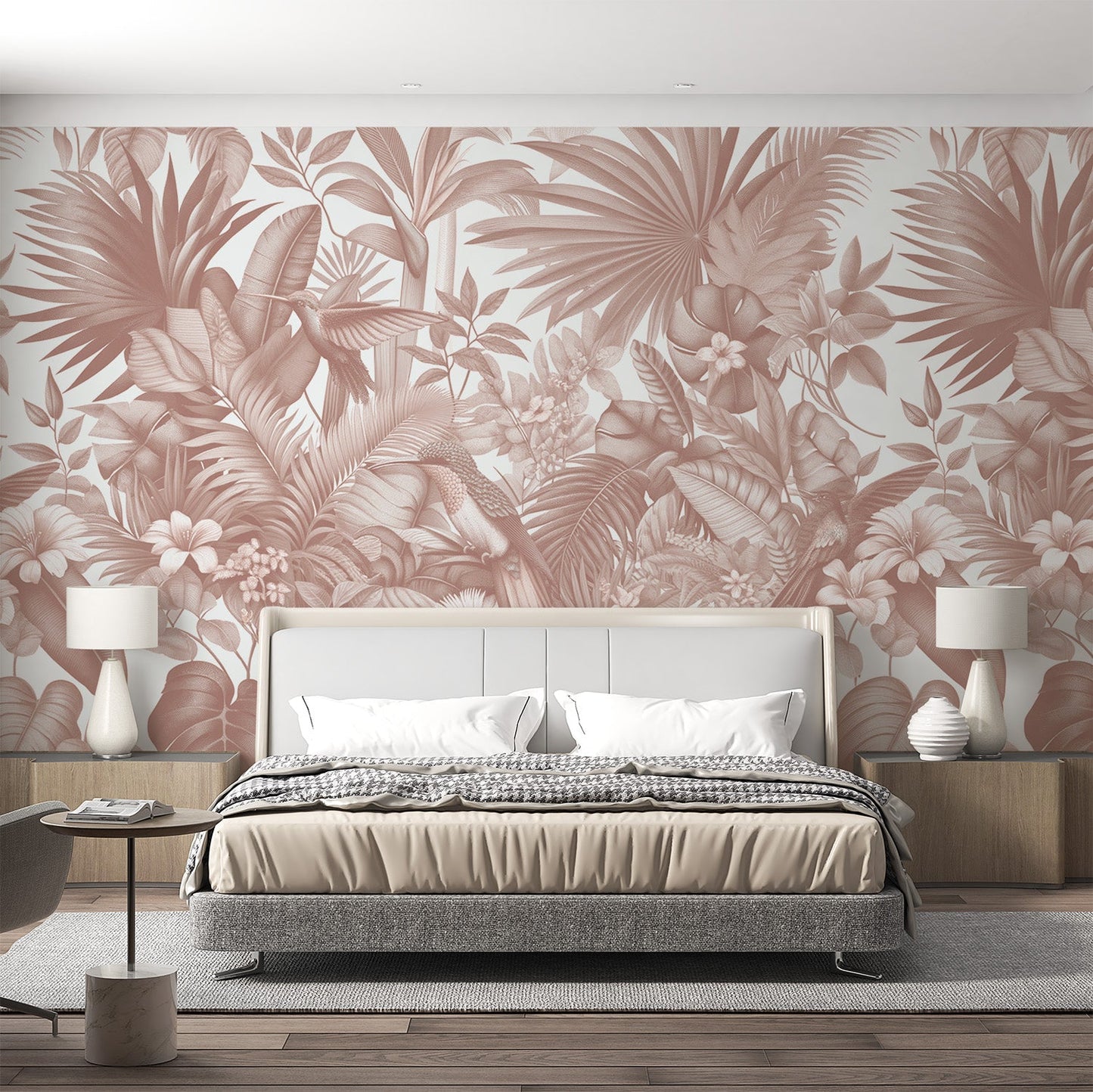 Terracotta jungle wallpaper | Lush foliage and hummingbirds