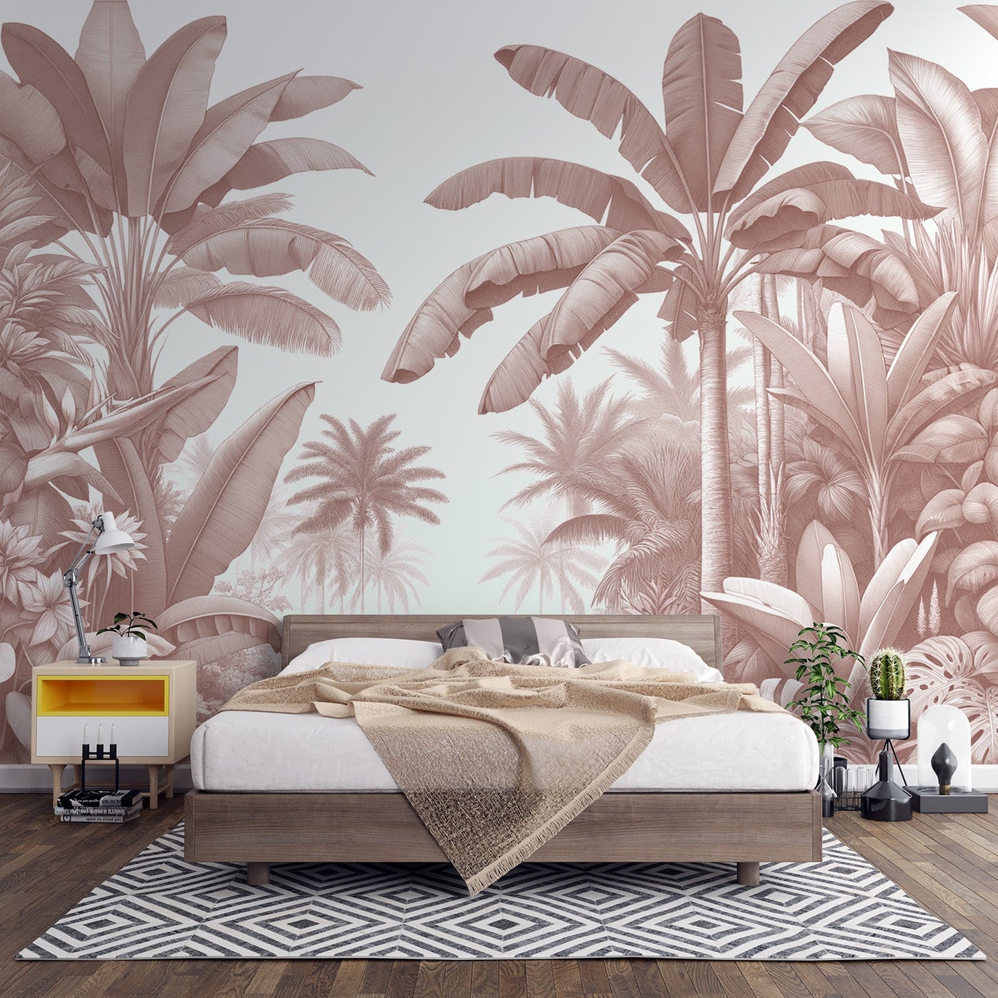 Terracotta jungle wallpaper | Palm trees and banana plants on a white background