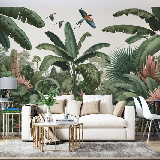 Tropical jungle wallpaper | Green banana trees and birds