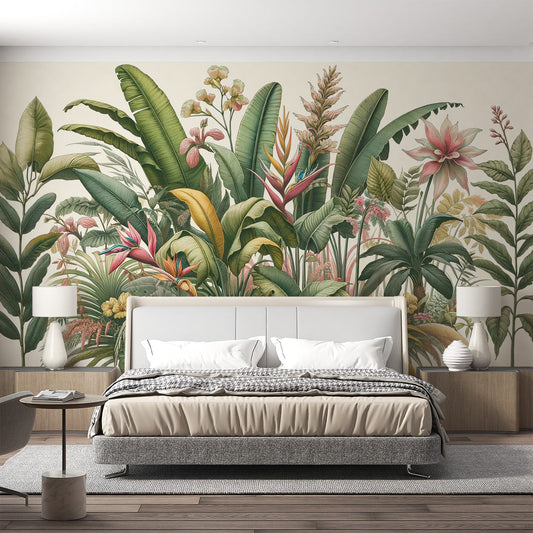 Tropical jungle wallpaper | Colourful floral composition