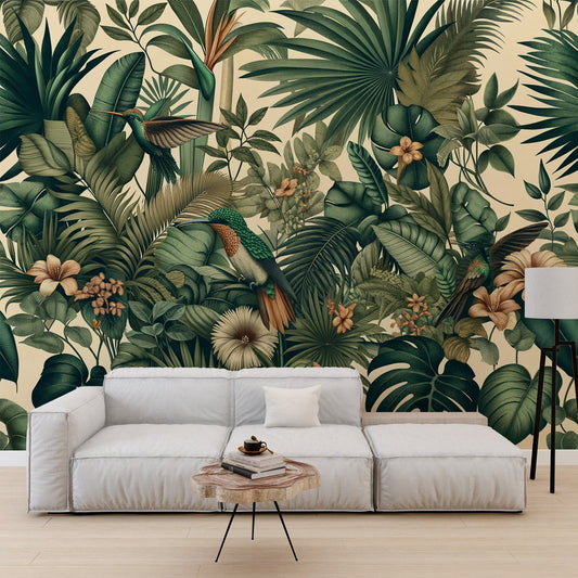 Tropical Jungle Wallpaper | Lush Foliage and Hummingbirds