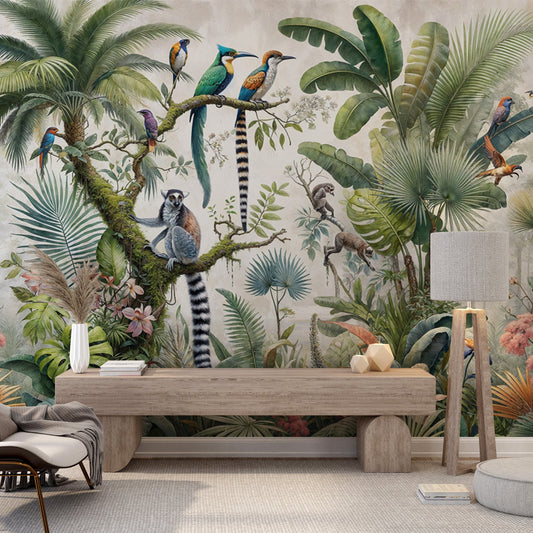 Tropical jungle wallpaper | Imaginary birds and lemurs