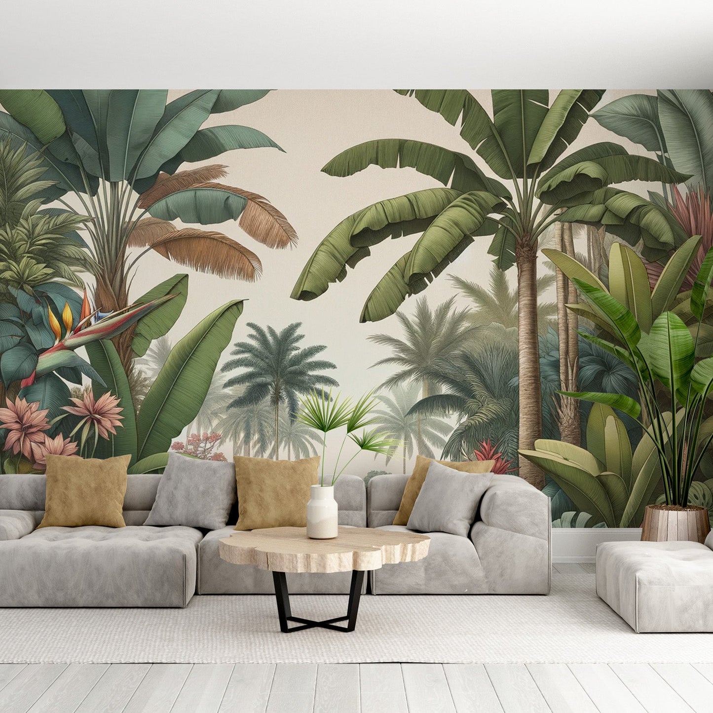 Tropical jungle wallpaper | Palm trees and banana trees on a beige background