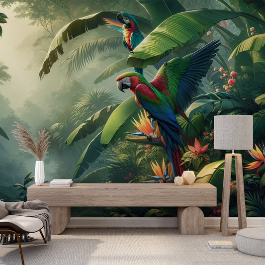 Tropical jungle wallpaper | Colourful parrots and green foliage