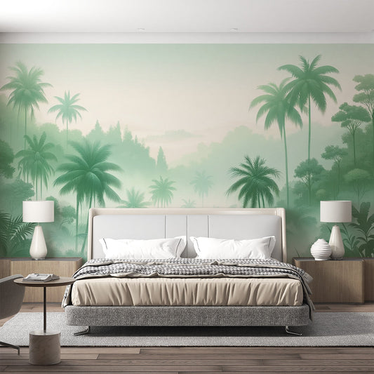Tropical jungle wallpaper | Valley of green palm trees and mist