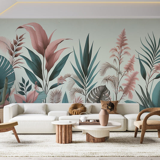 Tropical jungle wallpaper | Aqua green and pink