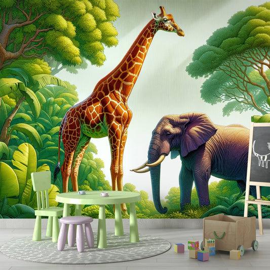 Green jungle wallpaper | Giraffe and elephant face to face