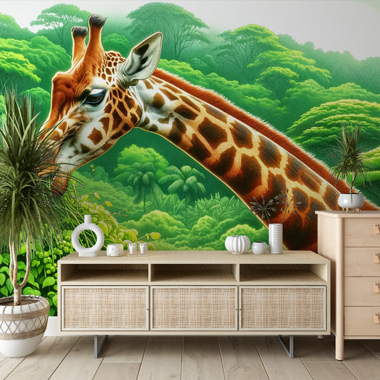 Green jungle wallpaper | Majestic giraffe enjoying a meal