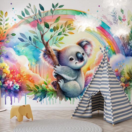 Koala Wallpaper | Multicoloured Rainbow Watercolour and Foliage