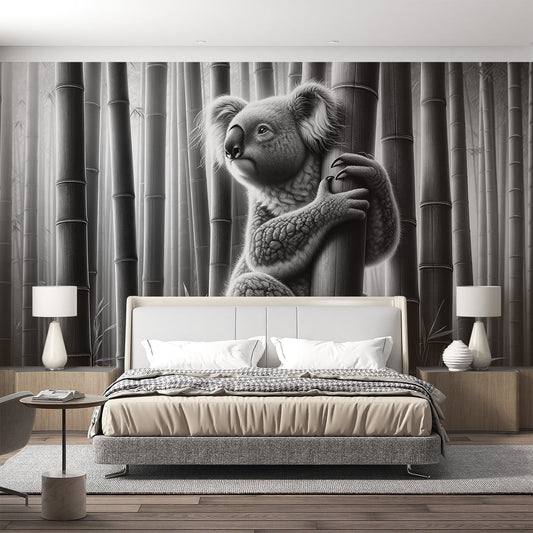 Koala Wallpaper | Realistic Black and White in its Bamboo Forest