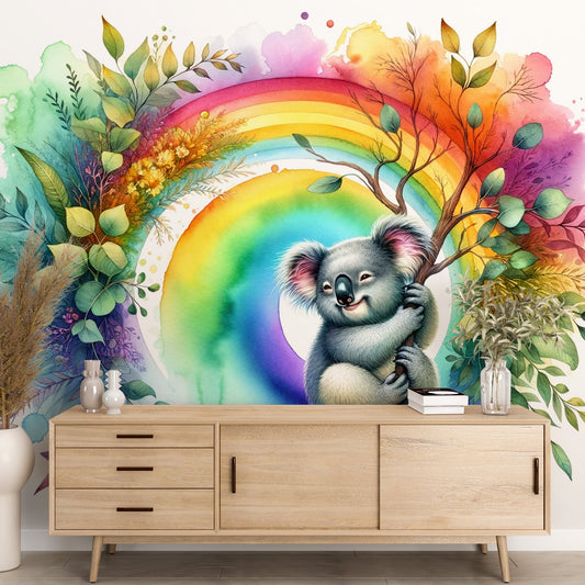 Child Koala Wallpaper | Multicoloured Watercolour with Rainbow