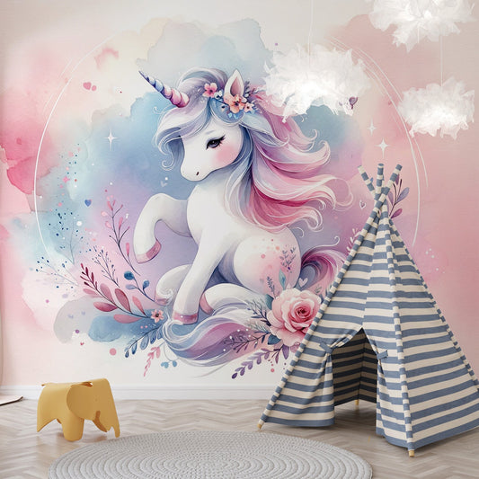 Unicorn Wallpaper | Watercolour Flowers and Little Unicorn