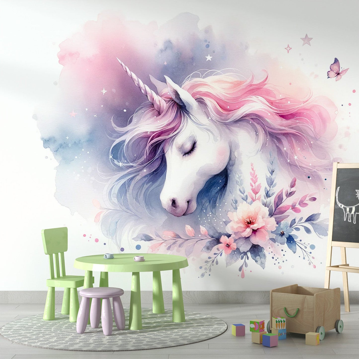 Unicorn Wallpaper | Watercolour Butterfly and Flowers