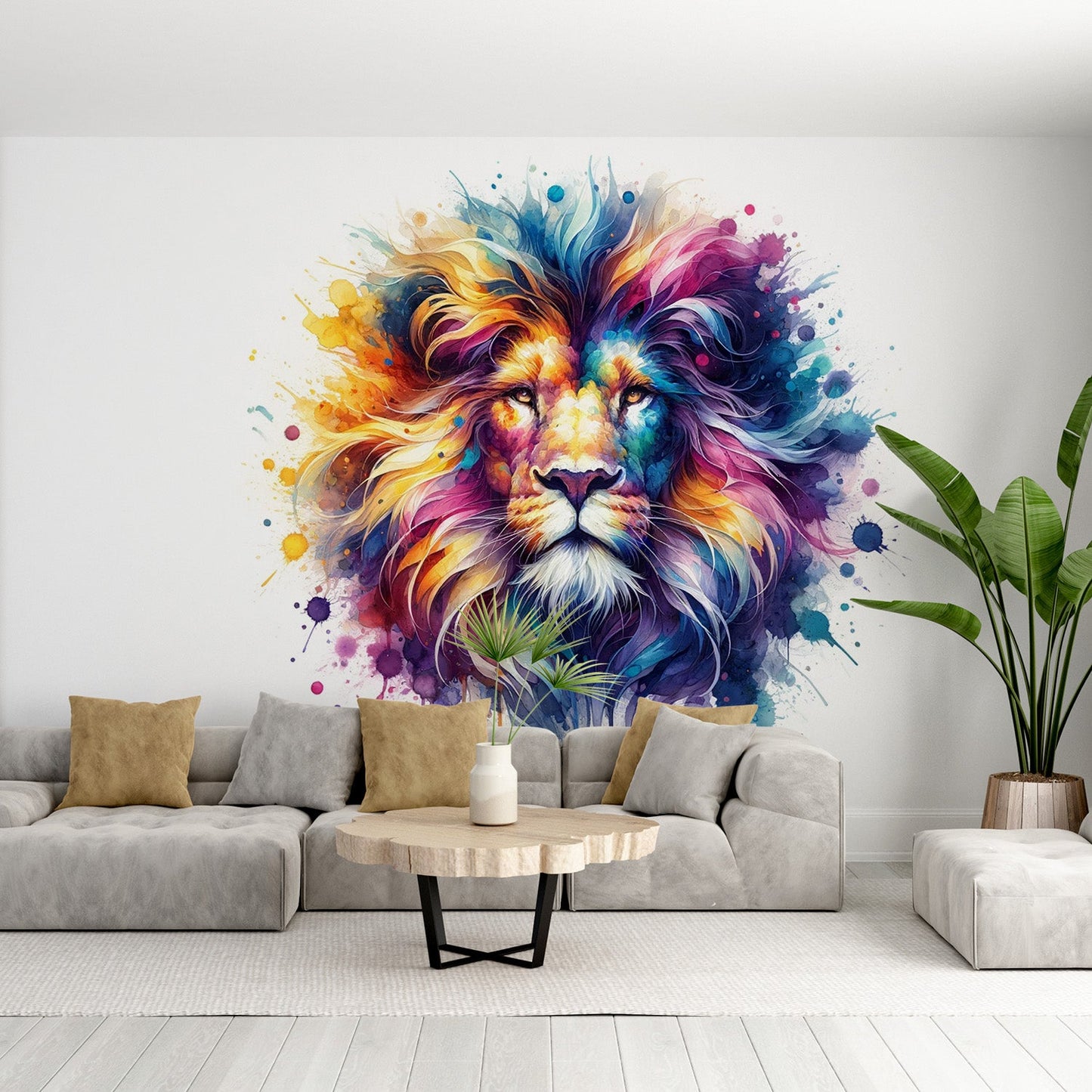 Lion wallpaper | Front facing in colourful watercolour