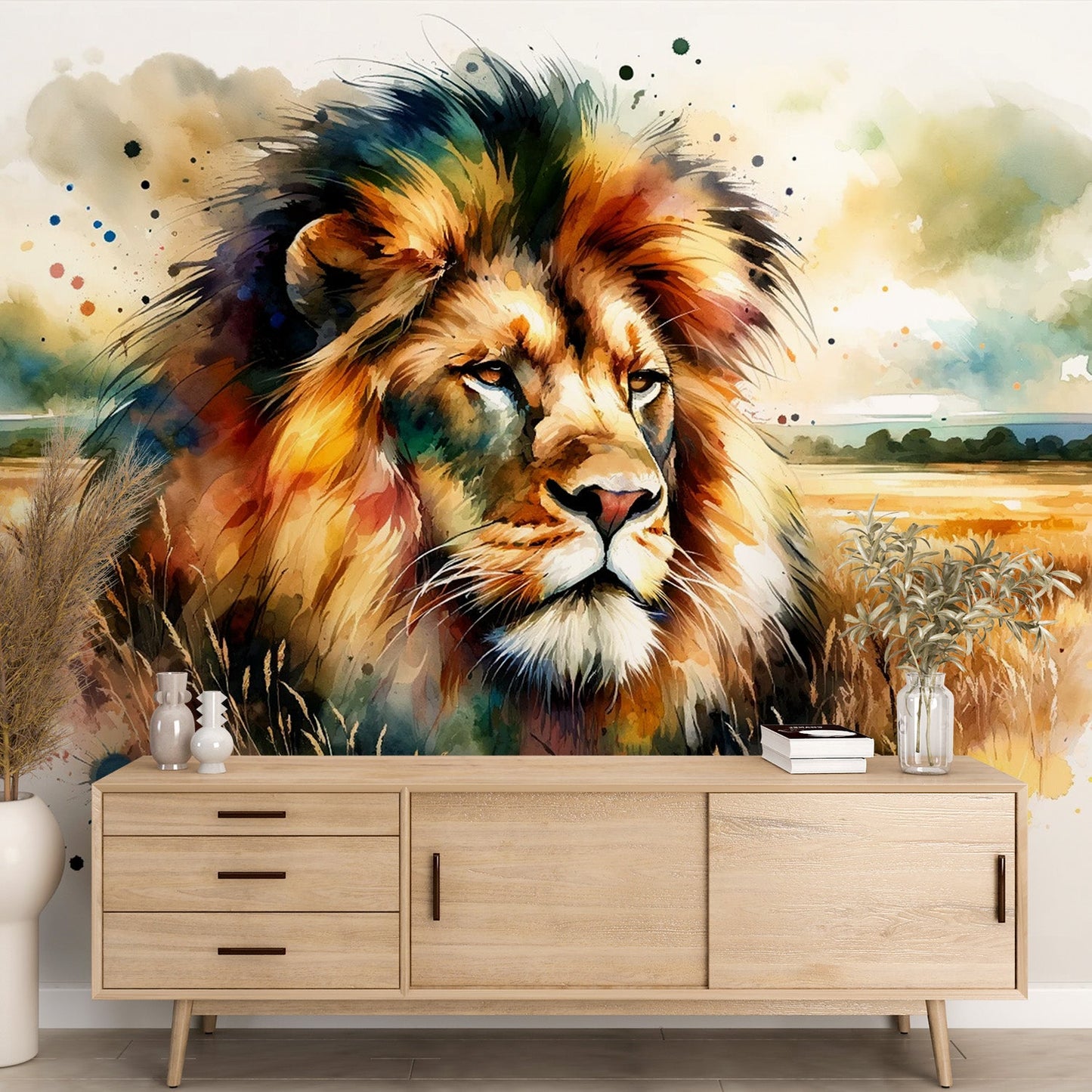 Lion wallpaper | Head in the savannah in watercolour