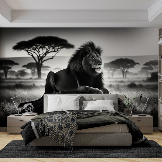 Black and white lion wallpaper | On a rock in the middle of the savannah