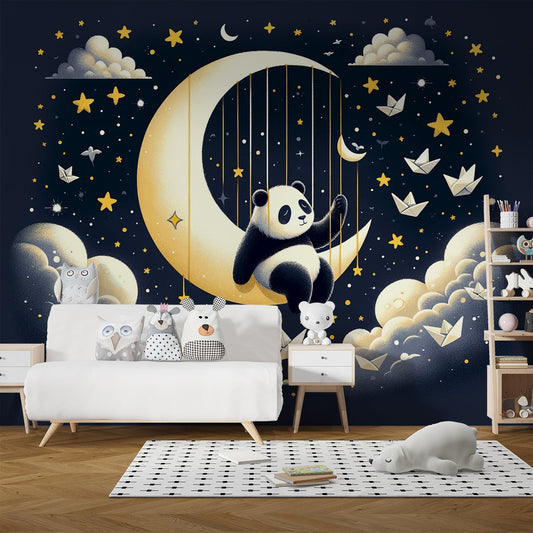 Panda wallpaper | Crescent moon with yellow stars