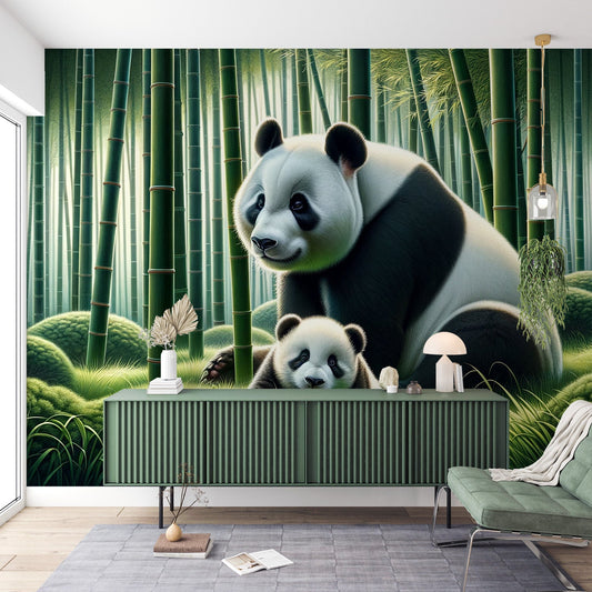 Panda wallpaper | Bamboo forest with mother panda and baby panda