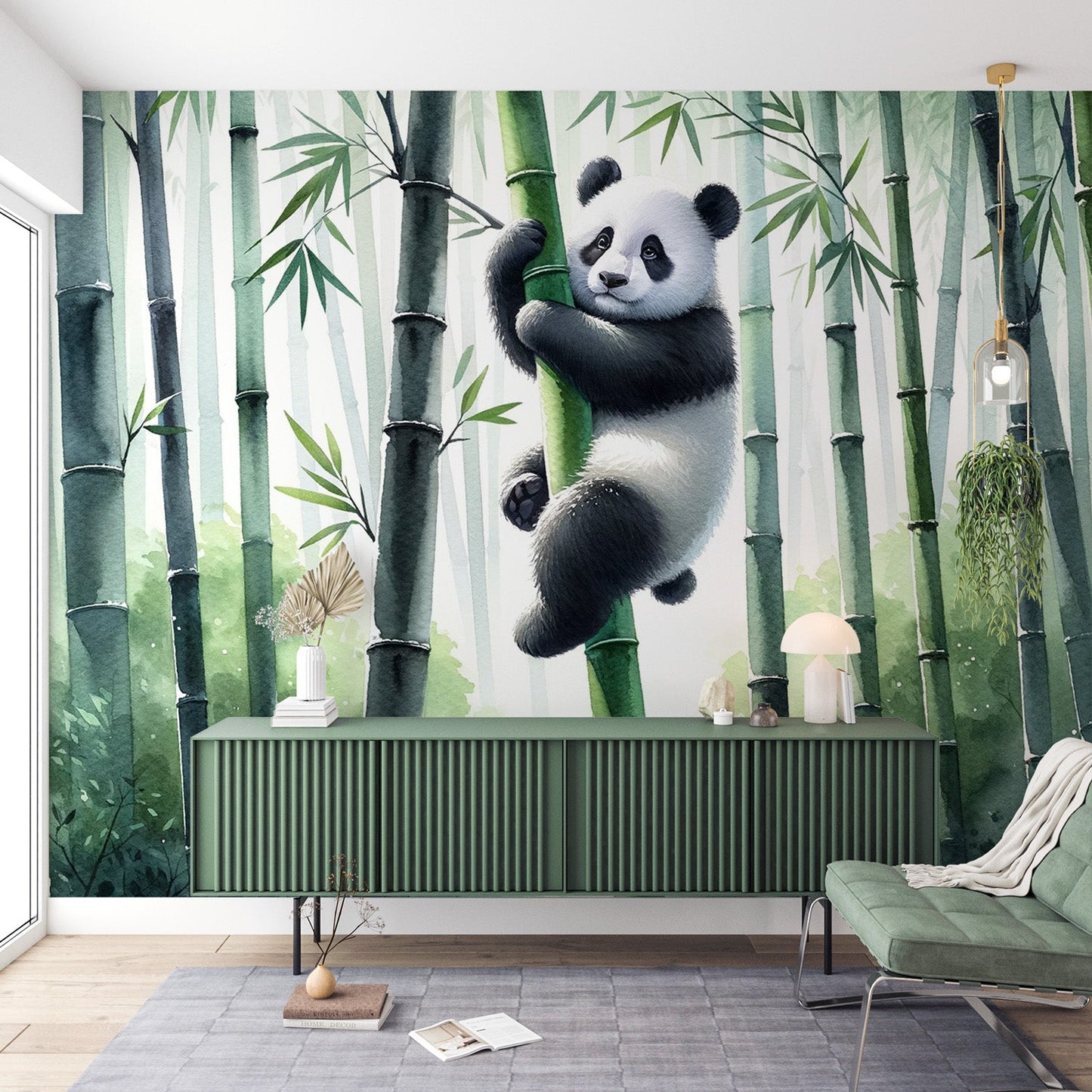Panda wallpaper | Green bamboo forest with hanging panda