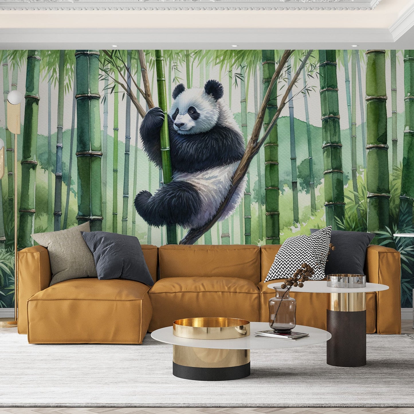 Panda wallpaper | Green bamboo forest in watercolour