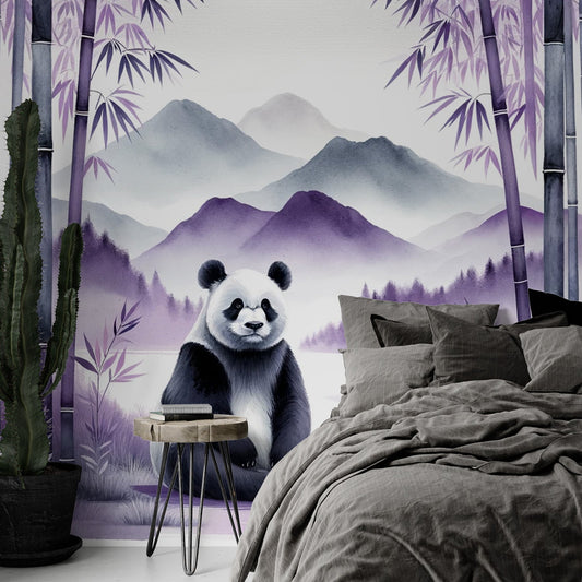 Panda Wallpaper | Purple Forest and Mountain with Sitting Panda