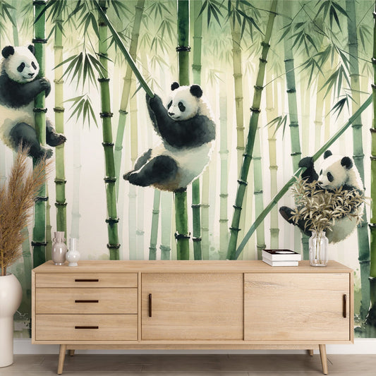 Panda wallpaper | Three pandas hanging onto their bamboo