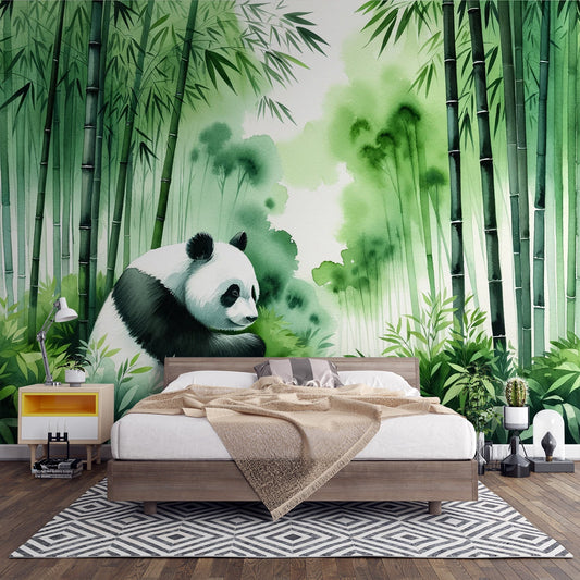 Watercolour panda wallpaper | Green bamboo forest with black and white panda