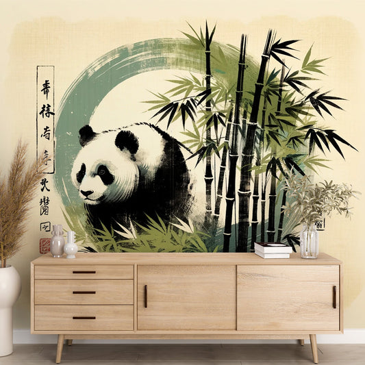 Japanese Panda Wallpaper | Black and Green Bamboo with Asian Writing