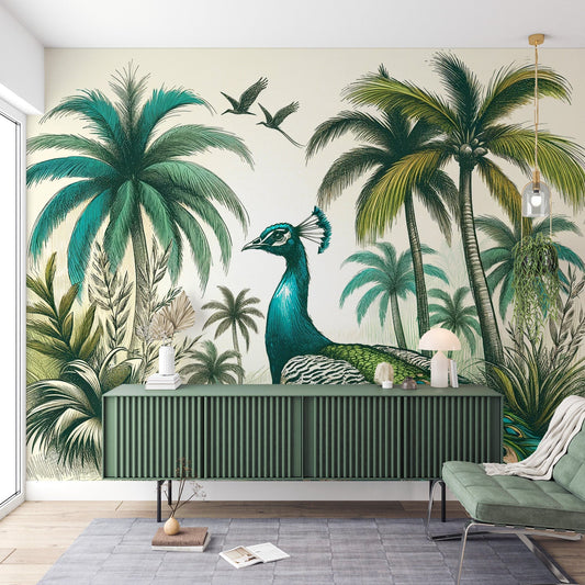 Peacock Wallpaper | Design with Palm Trees and Foliage