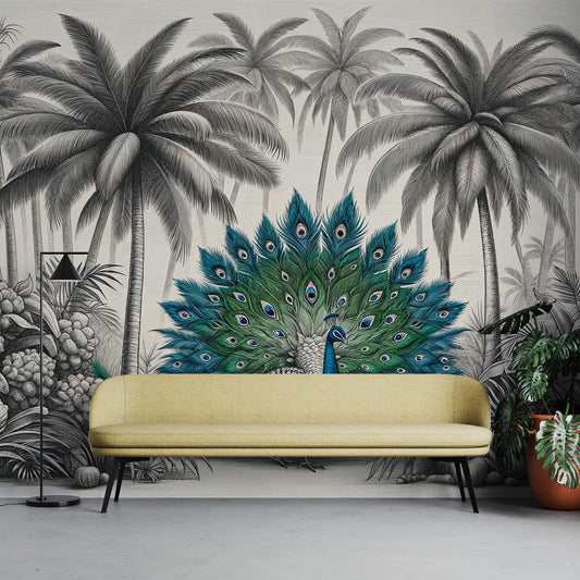 Peacock Wallpaper | Black and White Palm Tree and Colourful Peacock