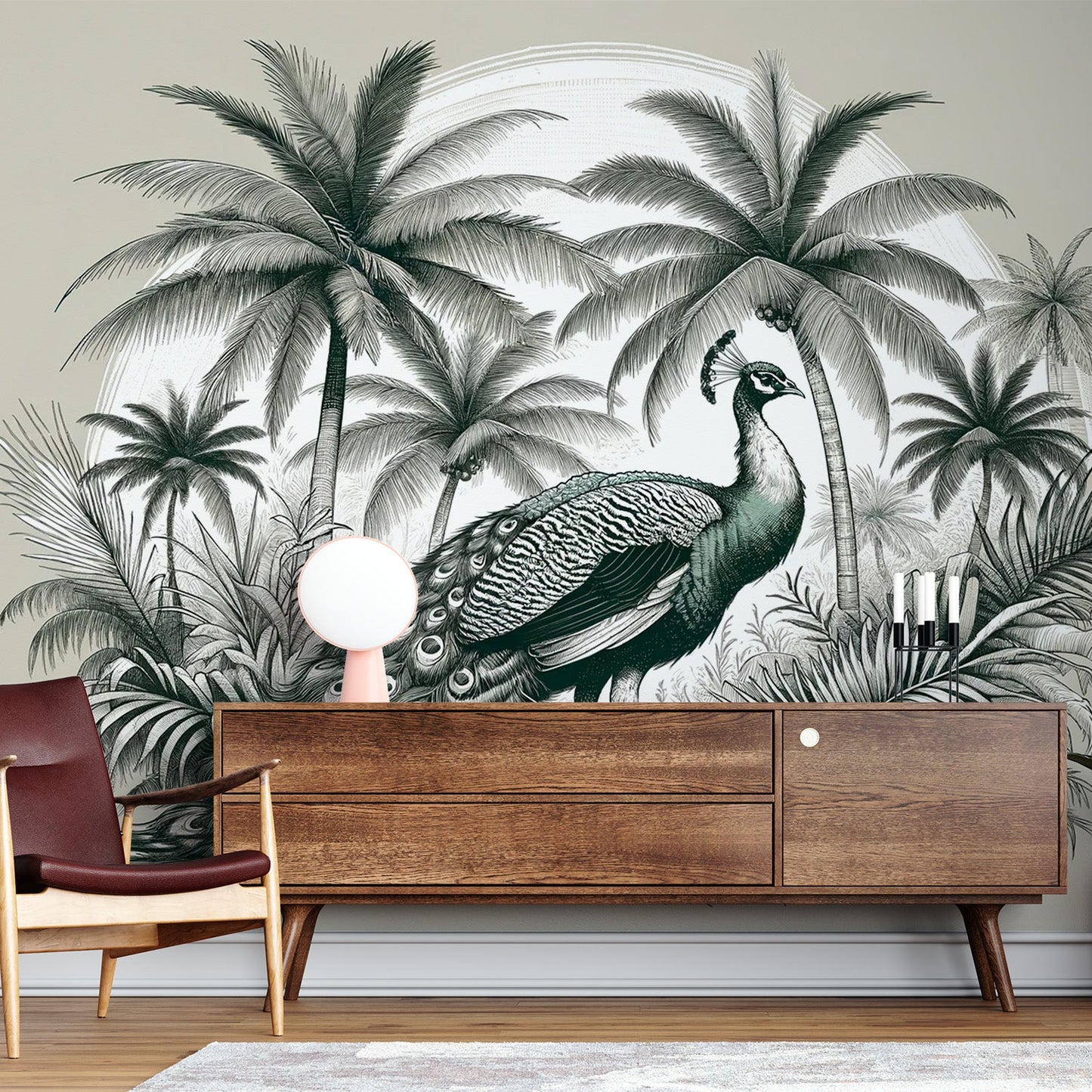 Peacock Wallpaper | Neutral Tones with Palm Trees