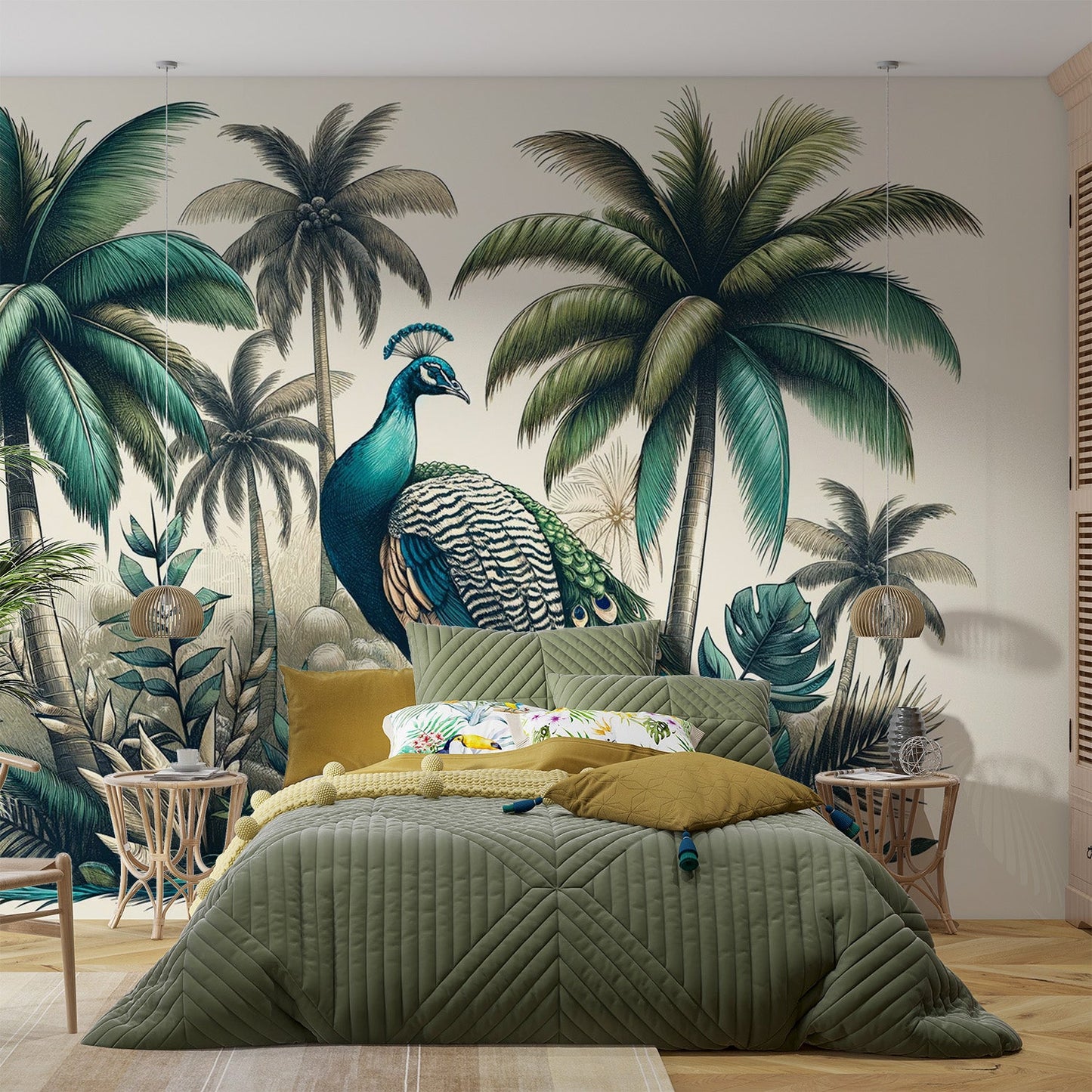 Peacock Wallpaper | Neutral and Green Tones