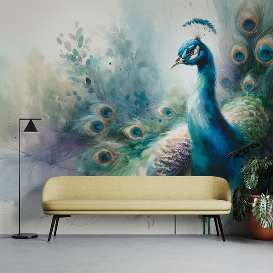 Watercolour peacock wallpaper | Blue, purple and green