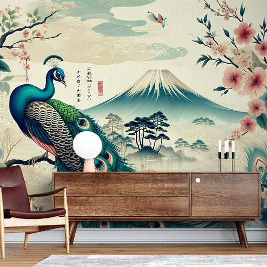 Japanese Peacock Wallpaper | Mount Fuji and Traditional Flowers