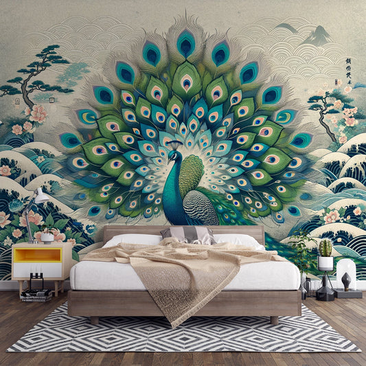 Japanese peacock wallpaper | Japanese wave and bonsai