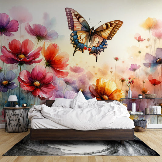 Watercolour butterfly wallpaper | Wildflowers and majestic butterfly