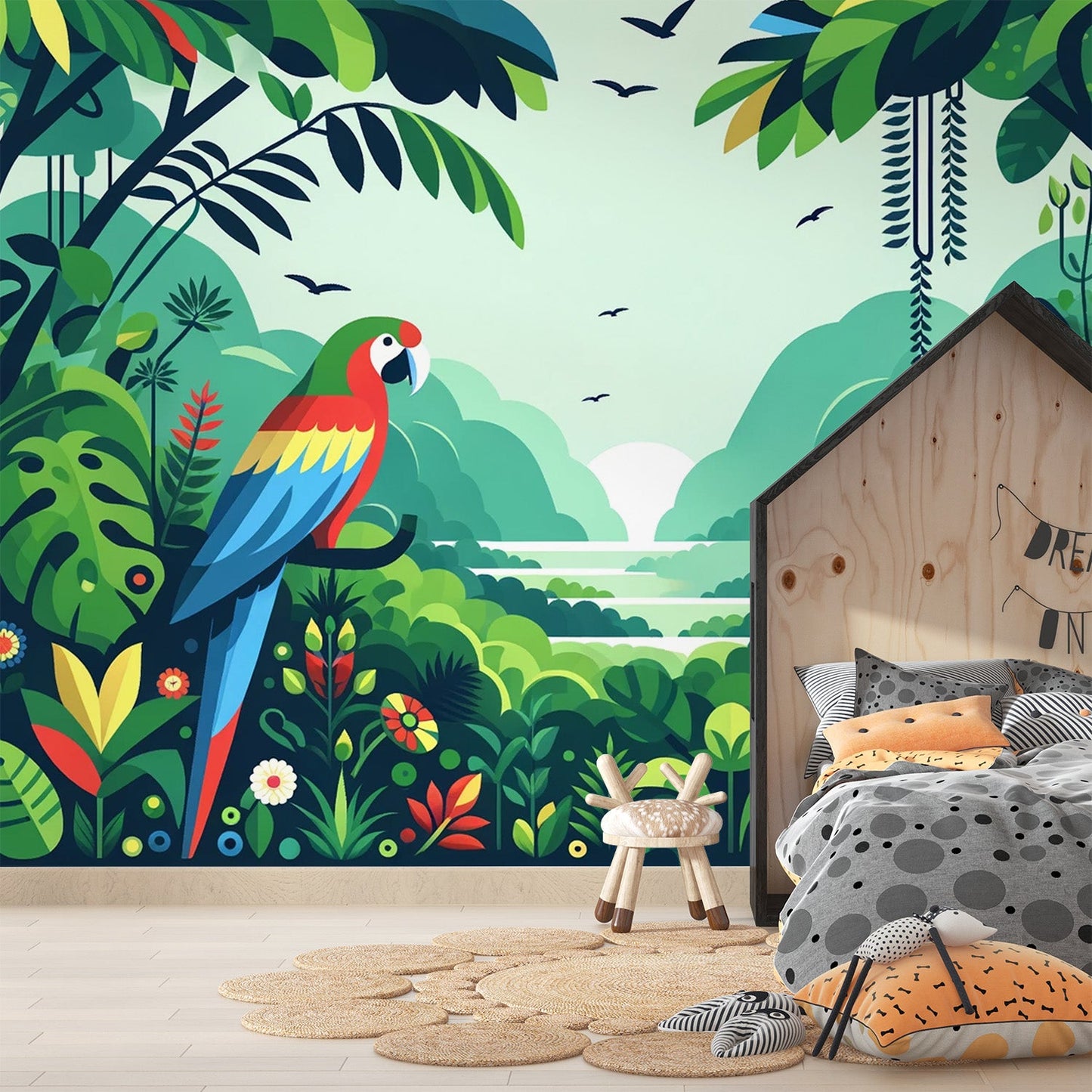 Child's Parrot Wallpaper | Colourful Jungle and Sunset