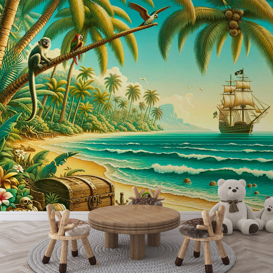 Pirate Wallpaper | Monkey and Parrot under the Coconut Trees
