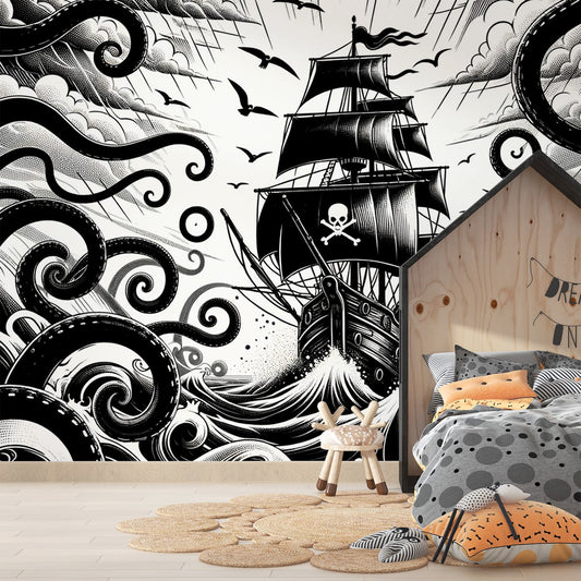 Black and white pirate wallpaper | Giant octopus attacking