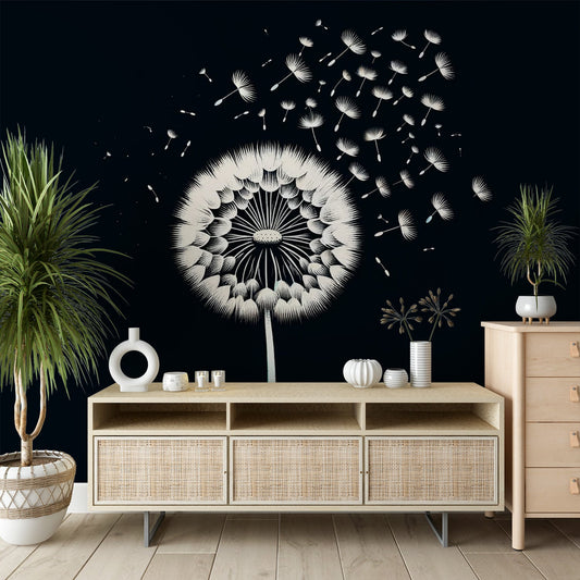 Dandelion Wallpaper | Flight of Seeds in Black and White Sketch