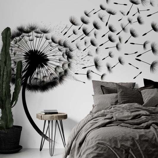 Dandelion Wallpaper | Black Seed Flight on White Background