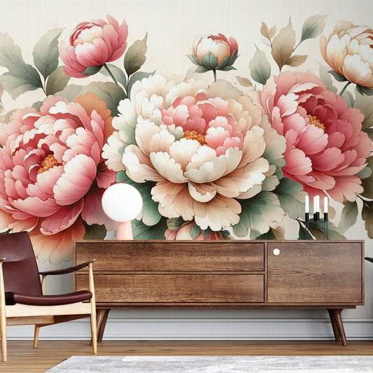 Peony Wallpaper | Large Pink Retro Style Flowers