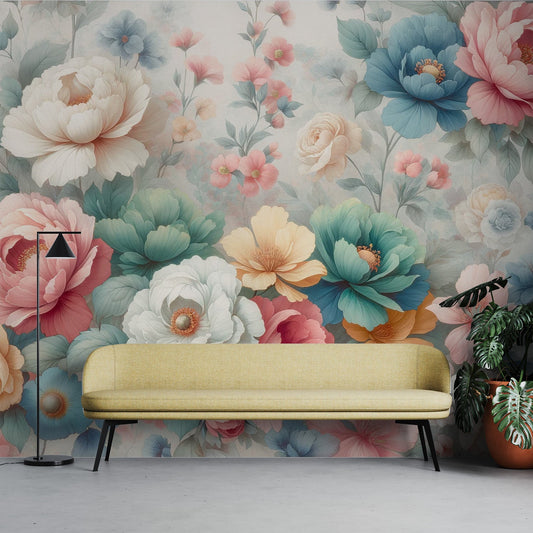 Peony Wallpaper | Vintage with Large Multicoloured Flowers